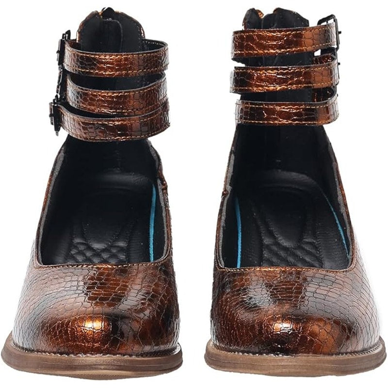 Womens Size 9.5 Copper Black Faux Snake Skin 2.5" Block Heel Mary Jane Shoes