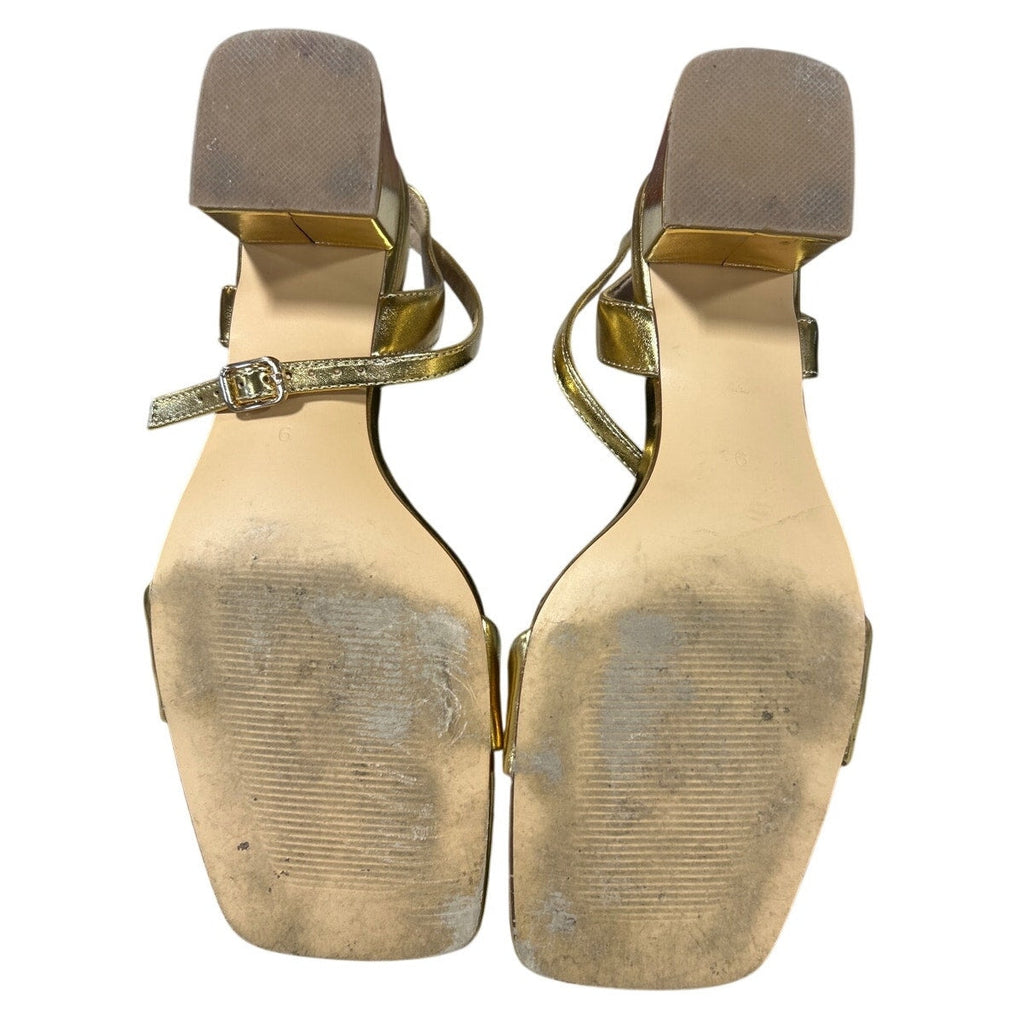 Teaieui Womens Size 9 Gold 2.25" Chunky Heel Open Square Toe Ankle Strap Shoes