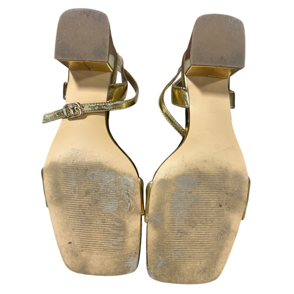Teaieui Womens Size 9 Gold 2.25" Chunky Heel Open Square Toe Ankle Strap Shoes