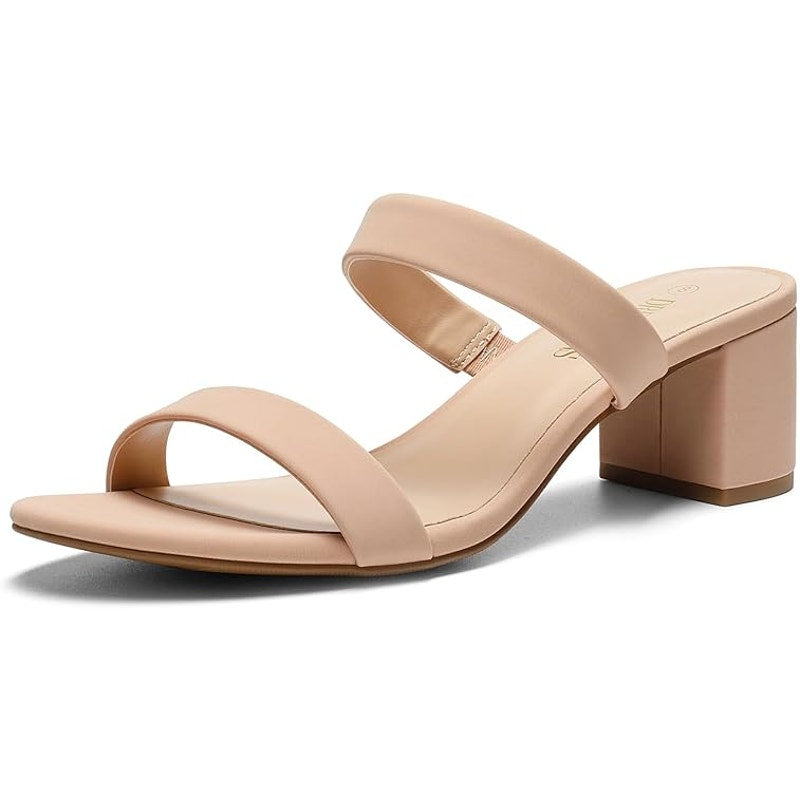 Dream Pairs Womens Size 8.5 Tan Open Toe Slide On 2.5" Block Heel Sandal Shoes