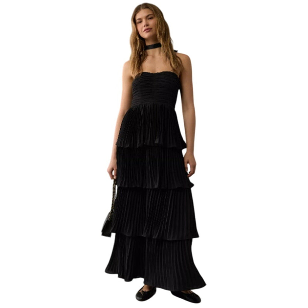 New American Eagle Womens Size Medium Black Strappy Tiered Pleated Maxi Dress