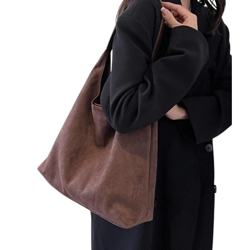 New Brown Faux Suede Slouchy Shoulder Bag Large Tote Purse Retro Soft Handbag