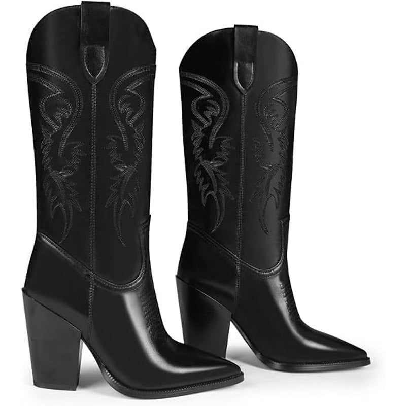Isnom Womens Size 7 Black Embroidered Faux Leather Wide Calf Cowboy Boots