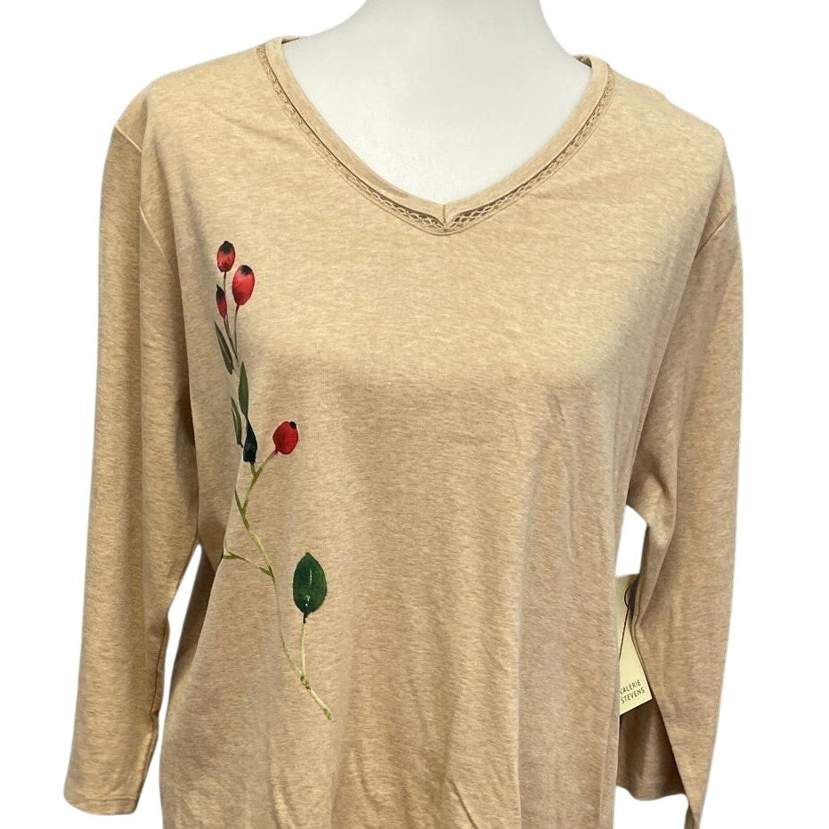 Hand Printed Upcycled Womens Size 1X Cottage Core Berry Long Sleeve Tee Shirt