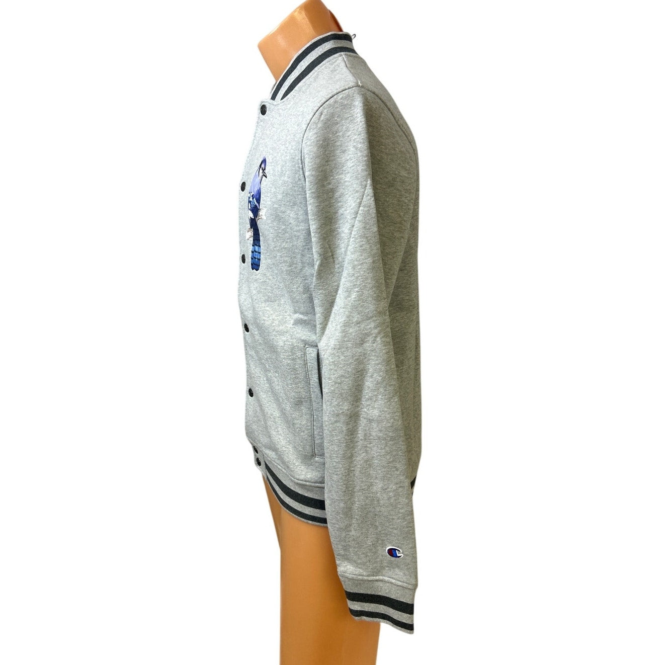 New Champion Mens Small Gray Snap Up Hand Printed Blue Jay Bird Bomber Jacket