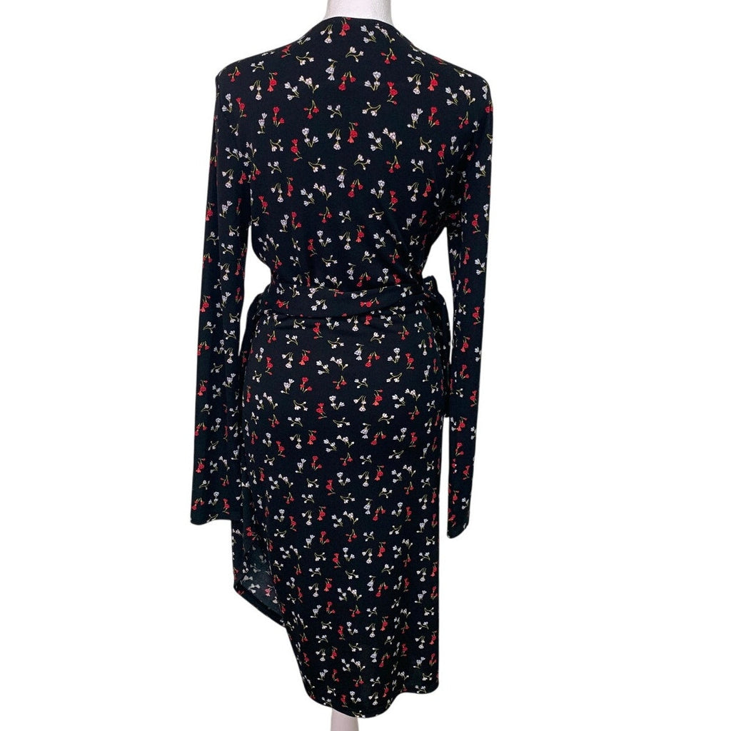 Lark & Ro Womens Medium Red Black Floral Long Sleeve V Neck Belt Tie Wrap Dress