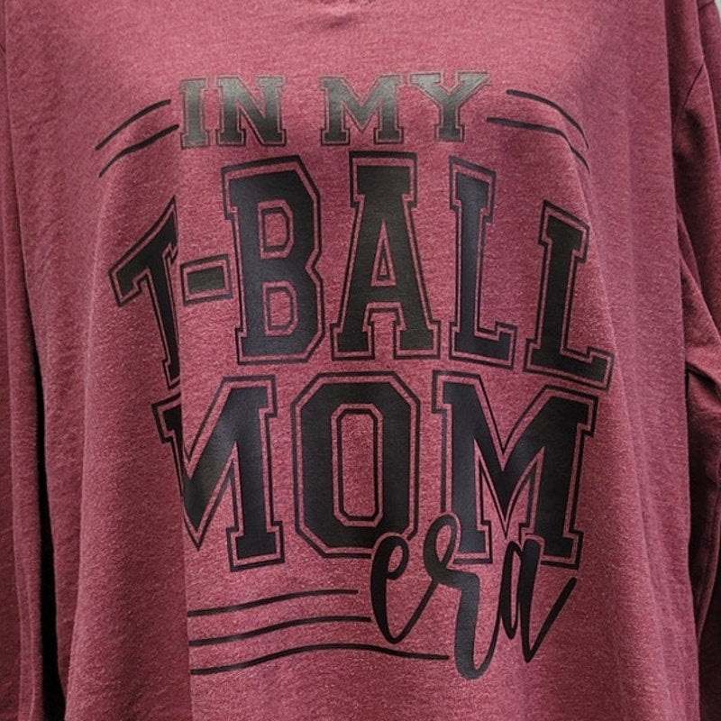 Hand Printed Upcycled Womens 1X In My T-Ball Era Long Sleeve VNeck Tee Shirt