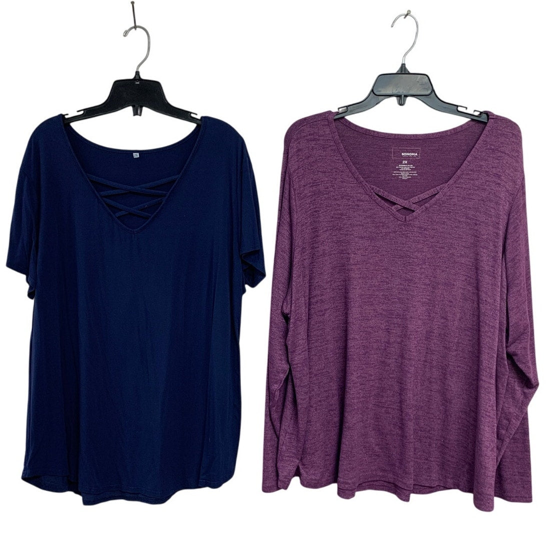 Lot of 2 Womens 2X Navy Heathered Purple Strappy Neck Long Short Sleeve Tops