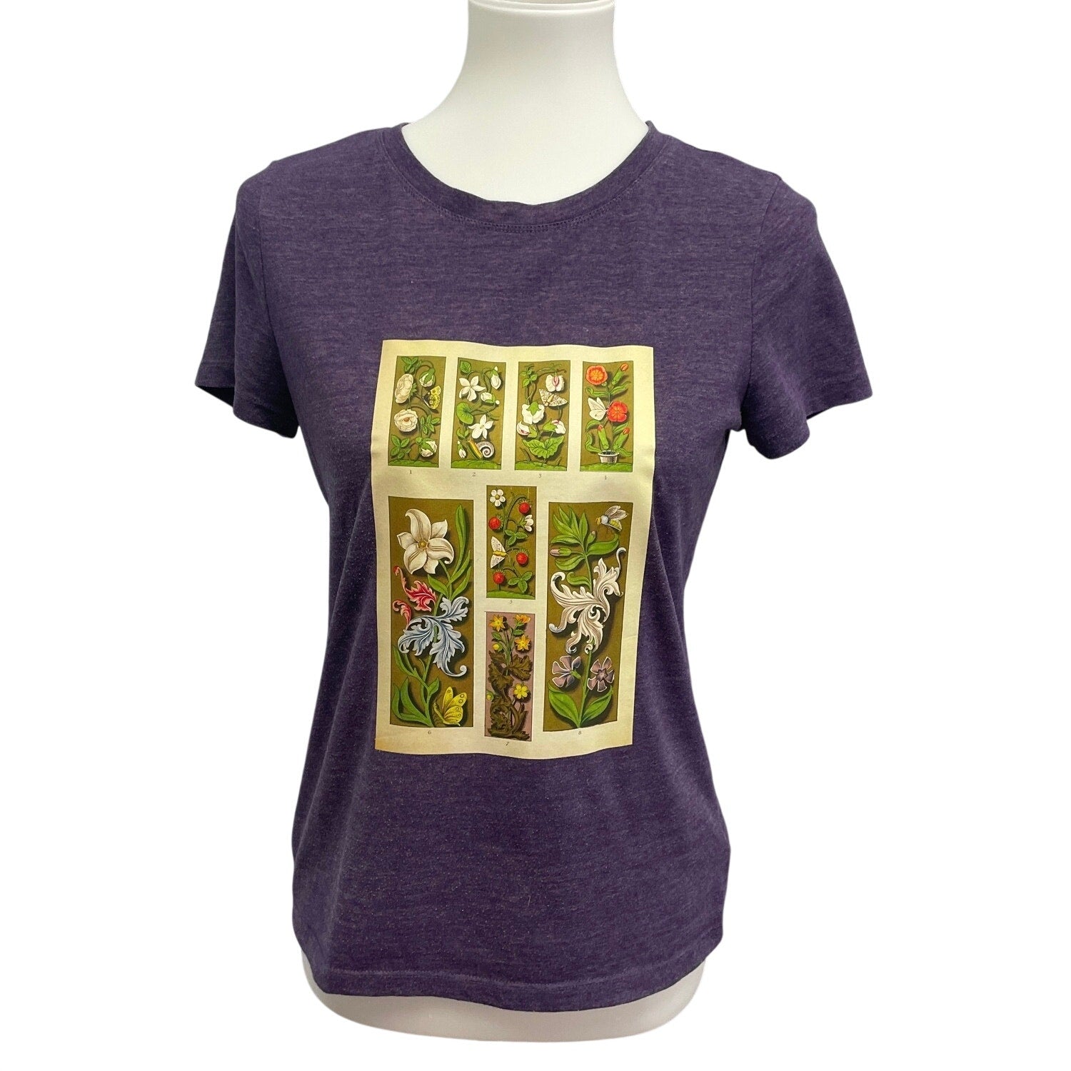 Hand Printed Upcycled Medium Vintage Book Page Flower Butterfly Bee Tee Shirt
