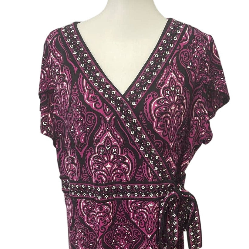 Apt 9 Womens 1X Short Sleeve Purple Faux Wrap Belted Floral Midi Sheath Dress