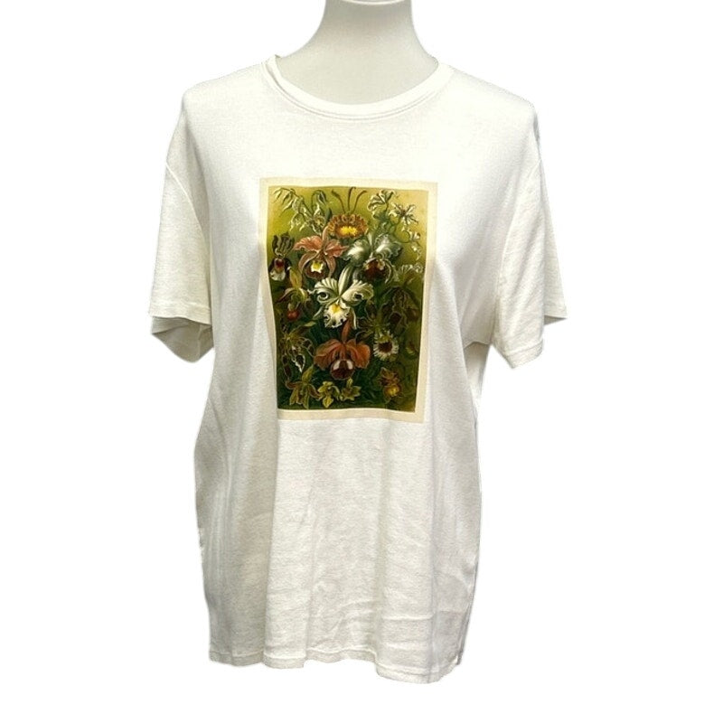 Hand Printed Upcycled Womens XXL Vintage Orchid Botanical Flower Tee Shirt