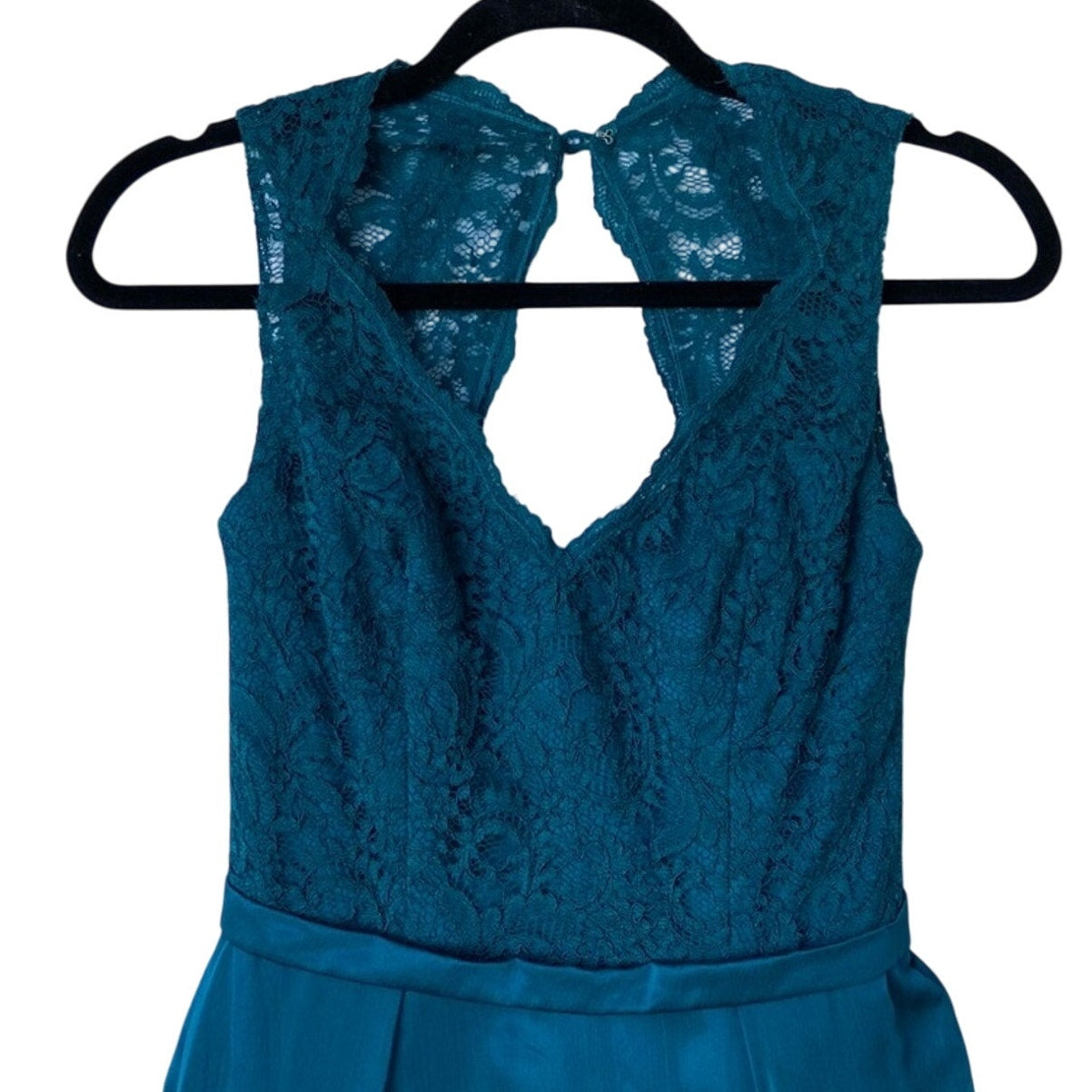 NWT New Belsoie Size 6 Teal Deep V-Neck Floral Lace Lined Sleeveless Maxi Dress