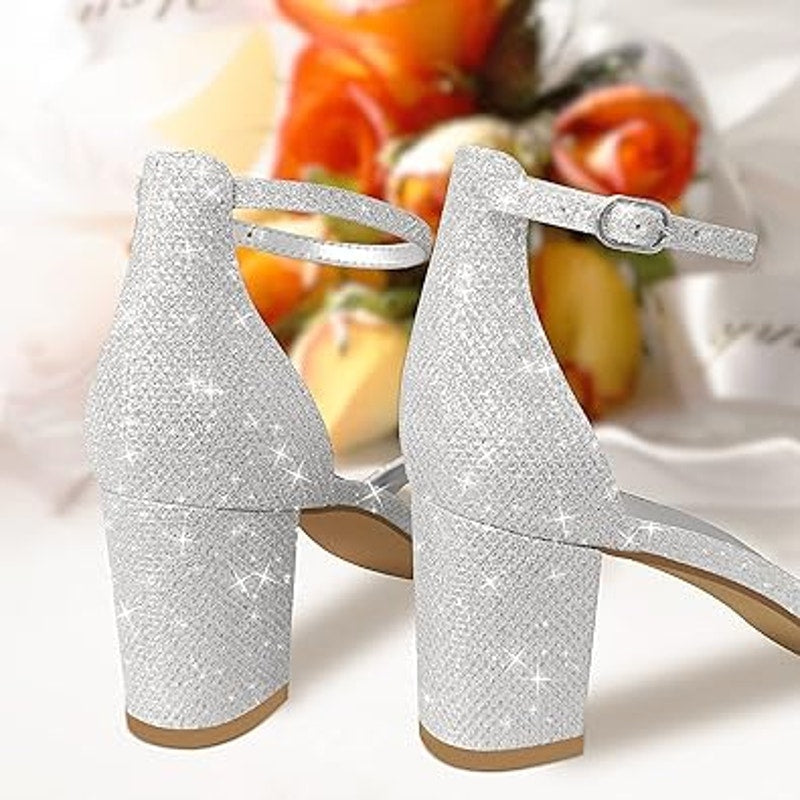 Pizz Annu Womens Size 7 Silver Glitter 2.5" Heel Open Toe Ankle Strap Shoes