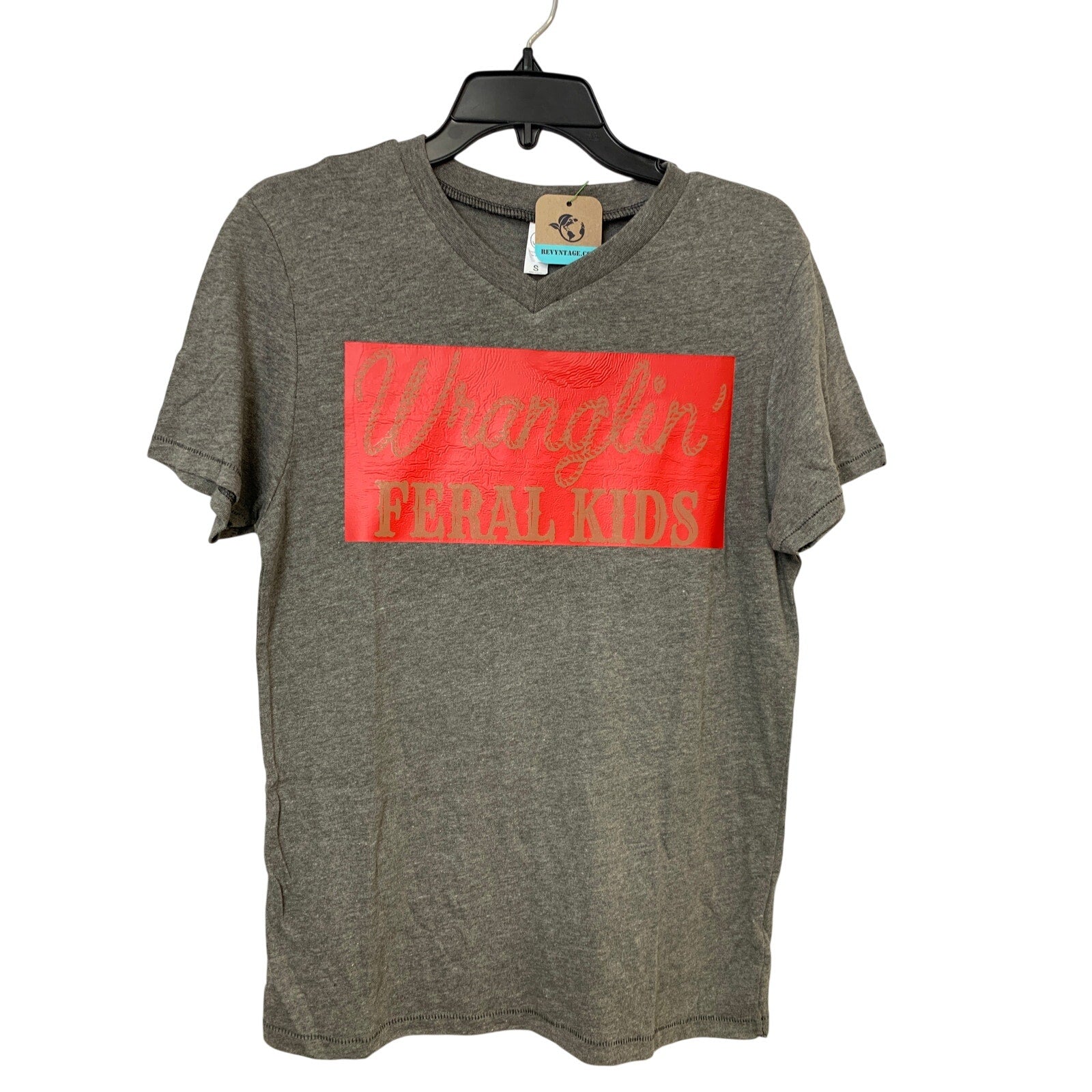 New Upcycled Hand Printed Womens Small Wranglin' Feral Kids V-Neck Tee Shirt