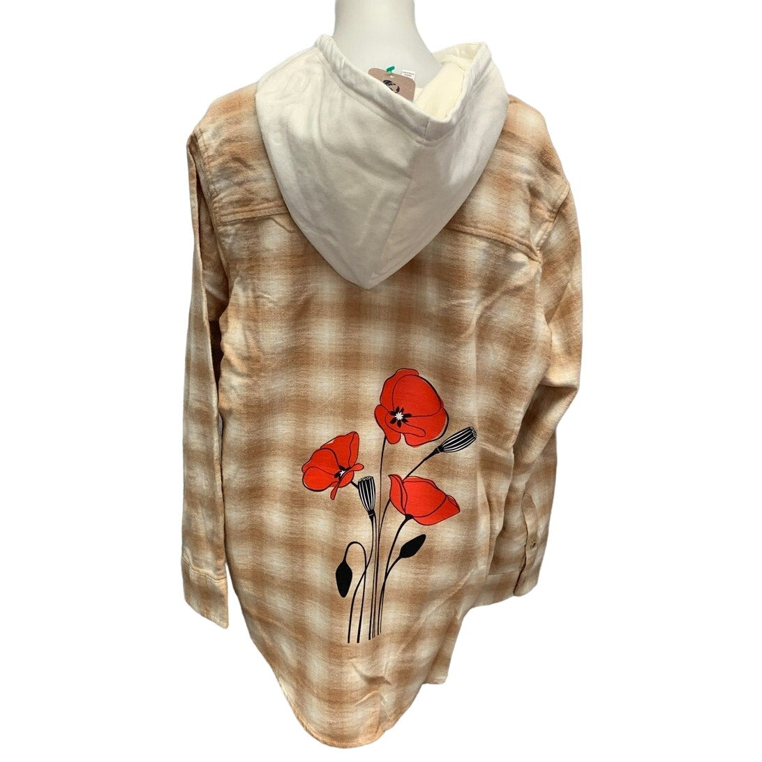 New Hand Printed Womens XL Red Poppy Flower Long Sleeve Plaid Flannel Hoodie