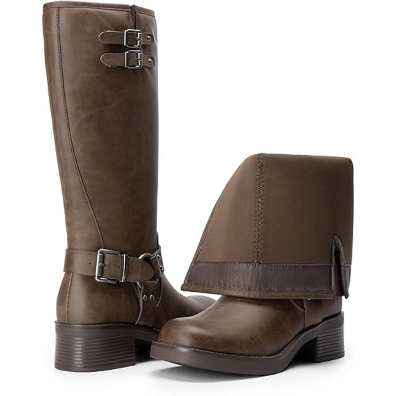 Dream Pairs Womens Size 8 Brown Faux Leather 2" Block Heel Knee High Moto Boots