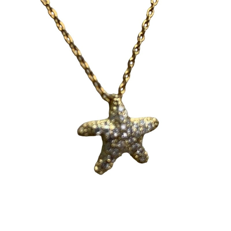 New Cubic Zirconia CZ Mini Ocean Starfish Gold Toned Charm Pendant Necklace