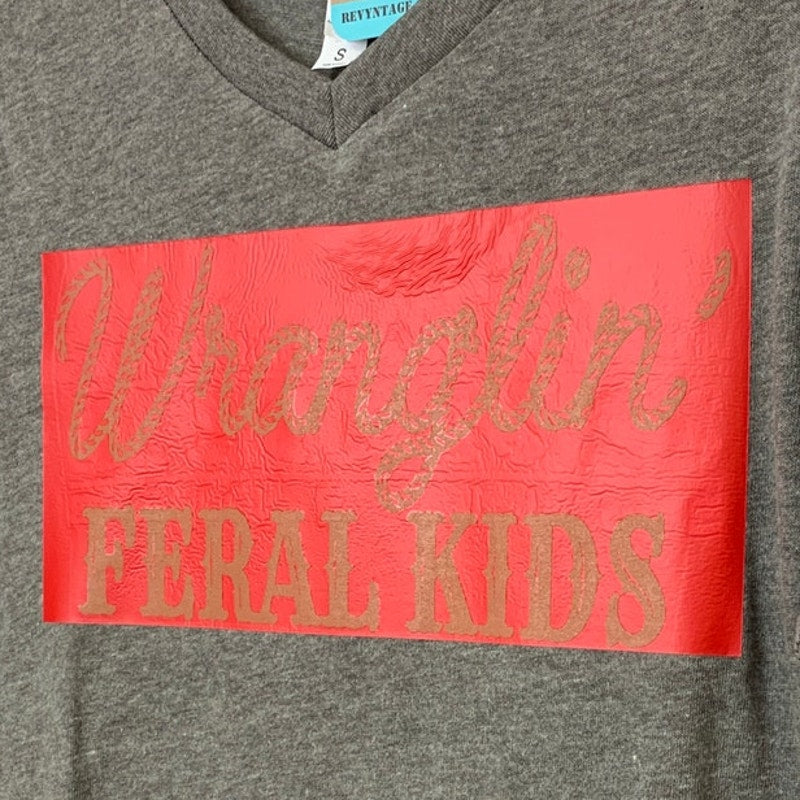 New Upcycled Hand Printed Womens Small Wranglin' Feral Kids V-Neck Tee Shirt