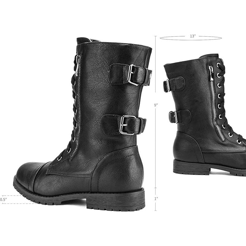 Dream Pairs Womens Size 7 Black Faux Leather Lace Up Mid Calf Combat Boots