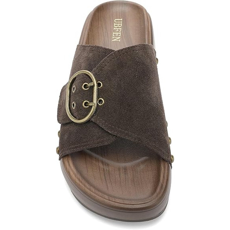 New Ubfen Womens 6.5 Brown Faux Suede Slide On Buckle Cushioned Platform Sandals