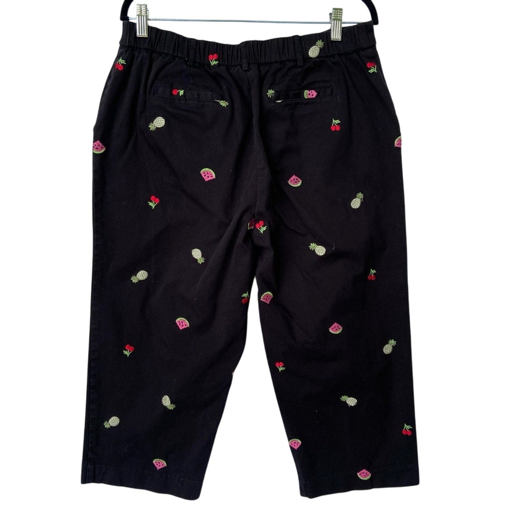 JM Collection Womens Size 16 Black Embroidered Fruit Stretch Cotton Capri Pants
