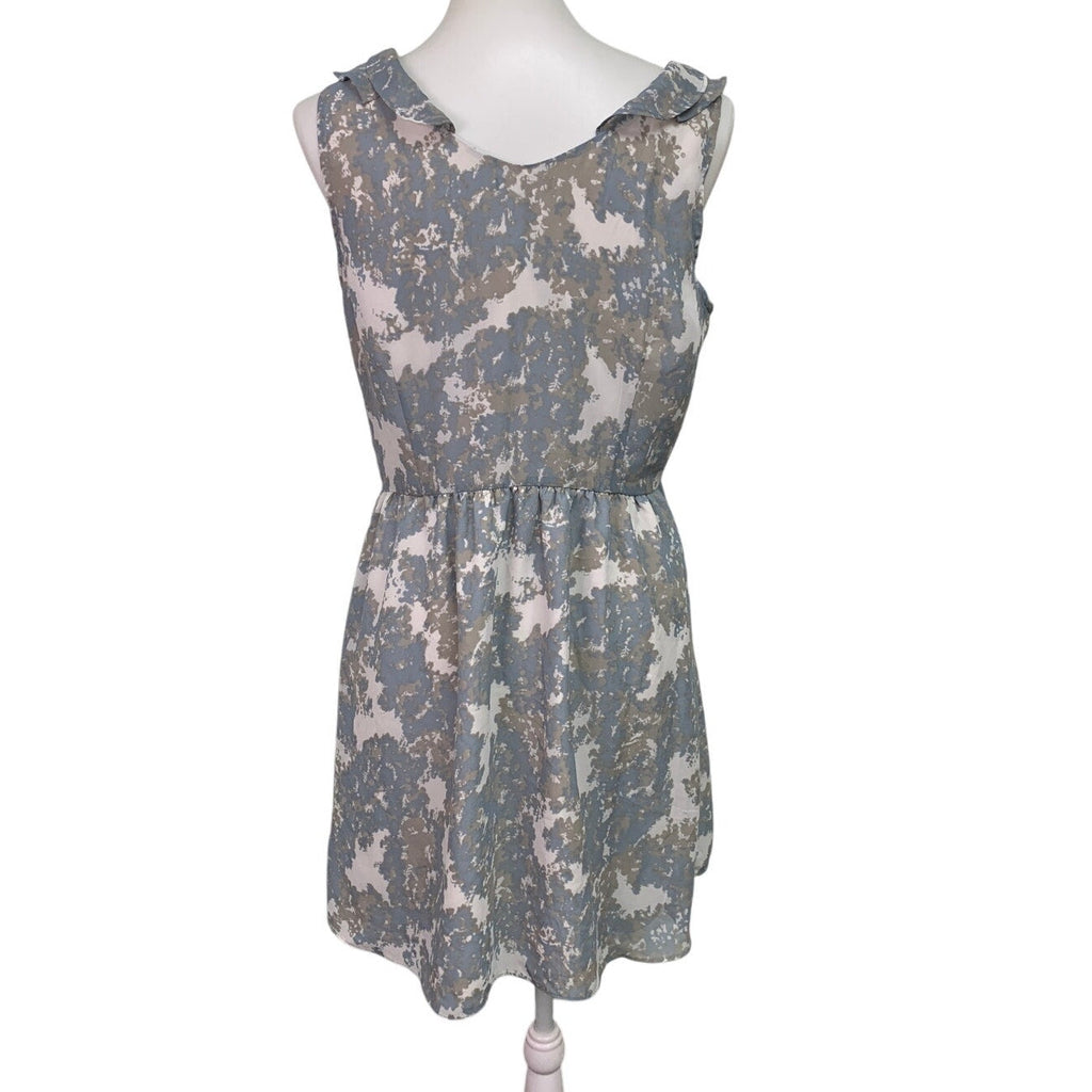 GAP Womens Size 10 Gray Blue Sleeveless V-Neck Ruffle Washable Fit Flare Dress