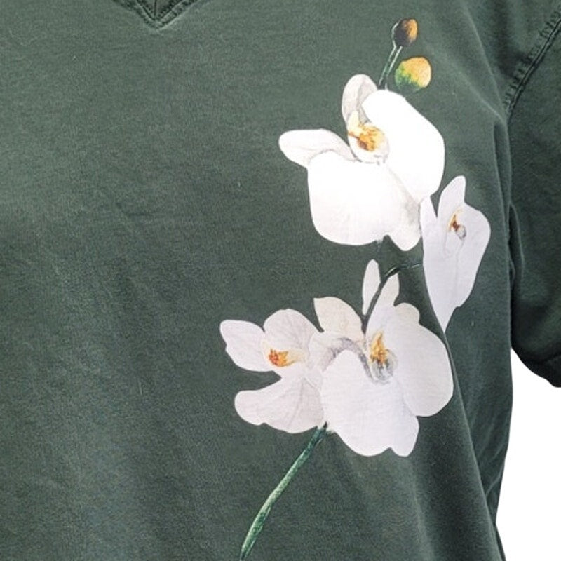 Hand Printed Upcycled Womens 2XL Orchid Flower Short Sleeve VNeck Tee Shirt
