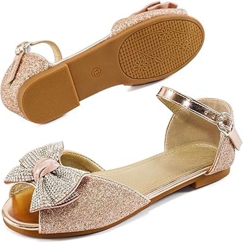 Aomigoct Girls Size 1 Rose Gold Silver Bow Glitter Princess Flat Sandal Shoes