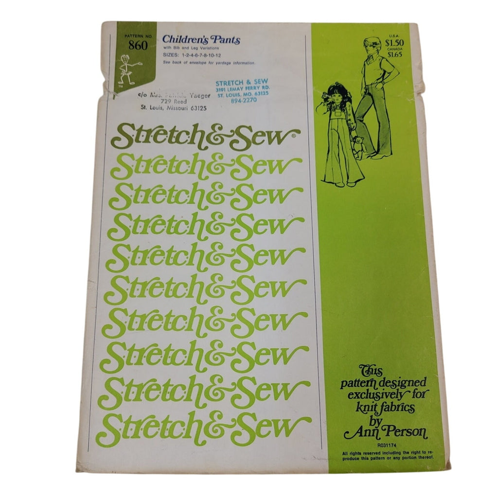 Vintage 1974 Stretch & Sew 860 Childrens Pants Uncut Sewing Pattern