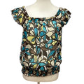 BCX Medium Sheer Gathered Waist Boatneck Ruffled Sleeve Geometric Floral Blouse