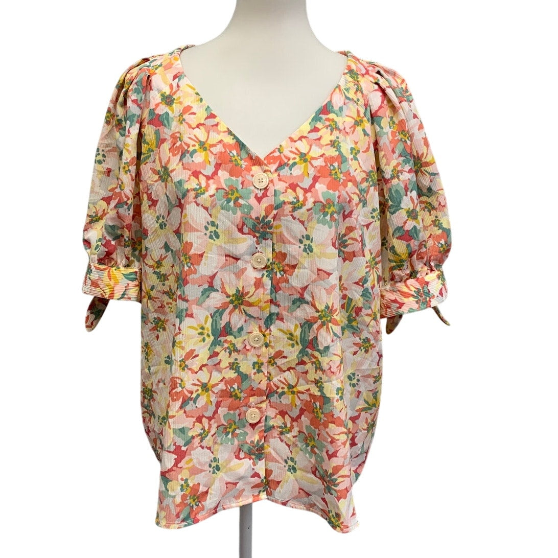 LC Lauren Conrad Womens XL Pastel Floral Cottage Core Tied Sleeve Button Up Top