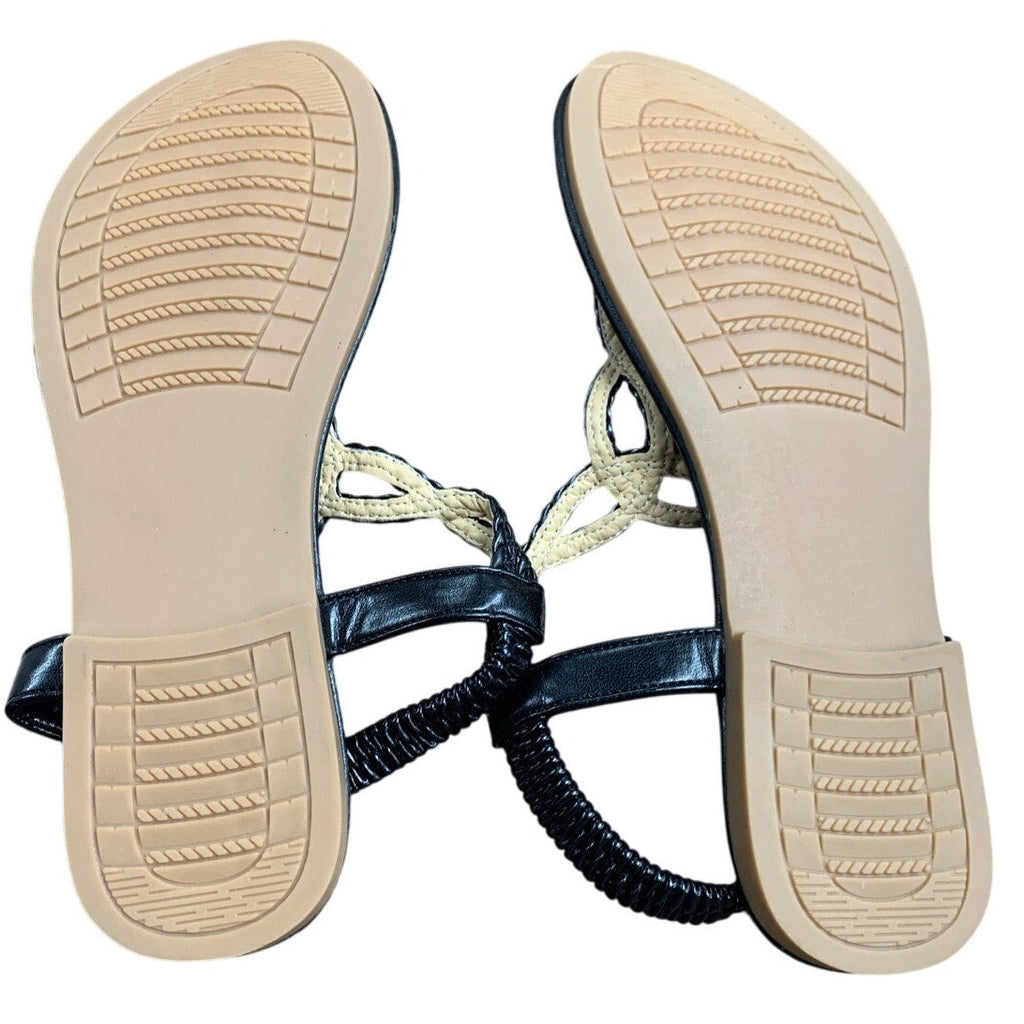 Womens Size 7.5 Black Flats Sandals Braided T Strap Round Open Toe Shoes