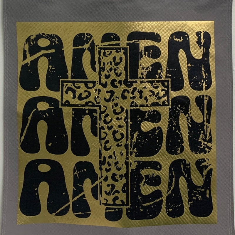New Upcycled Hand Printed Amen Amen Amen Jesus God Cross Shopper Tote Bag