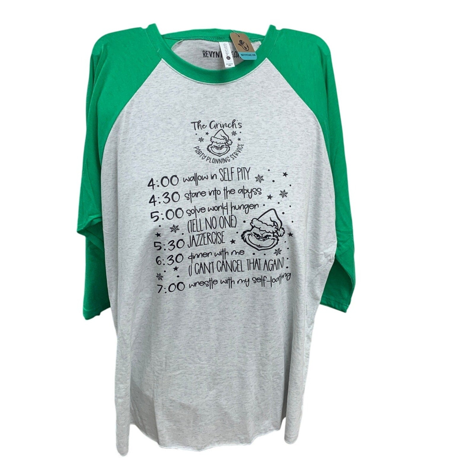 New Hand Printed Womens XL The Grinch's Party Planning Service Long Sleeve Tee