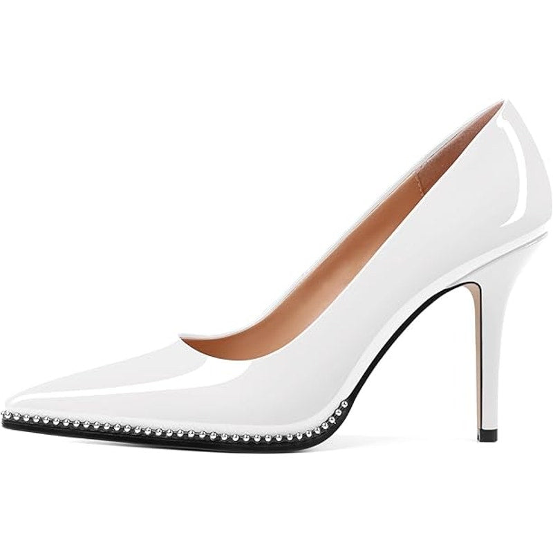 Sammitop Womens Size 8 White Patent Leather Pointy Toe 3.5" Heel Beaded Pumps