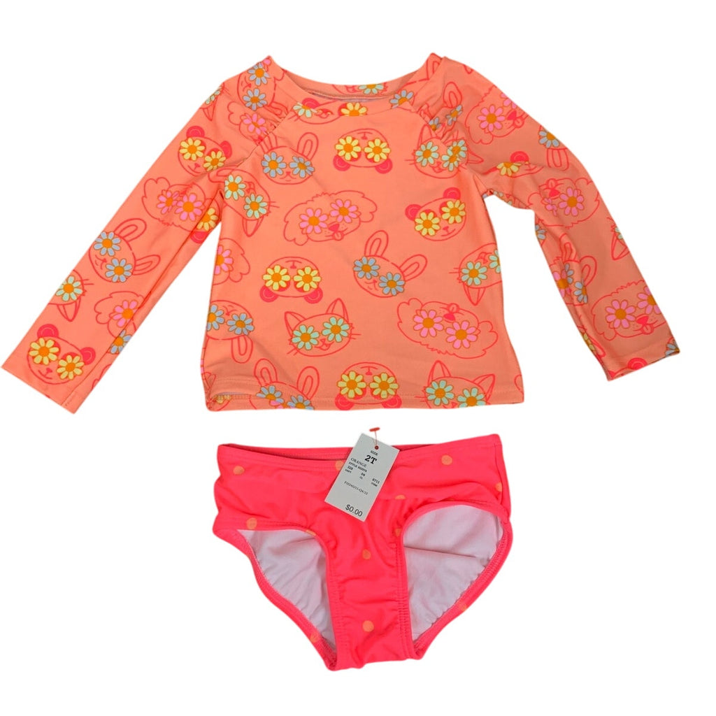 New Cat & Jack Girls 2T UPF 50+ Orange Floral Long Sleeve Bikini 2PC Swimsuit