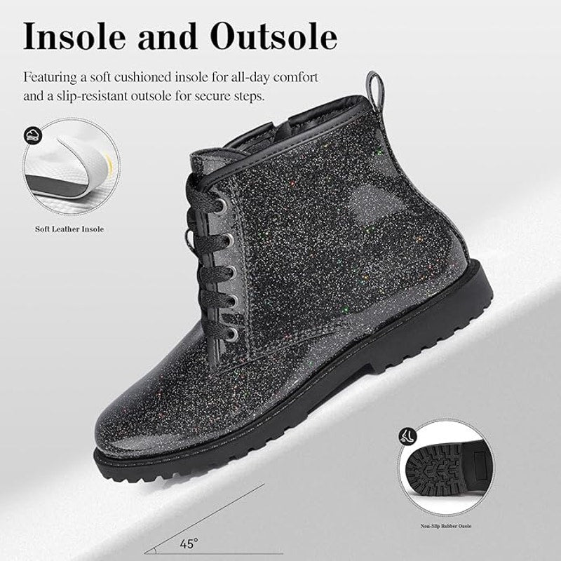 Fitory Girls Size 11 Black Sparkle Glitter Lace Up  Side ZIp Ankle Combat Boots