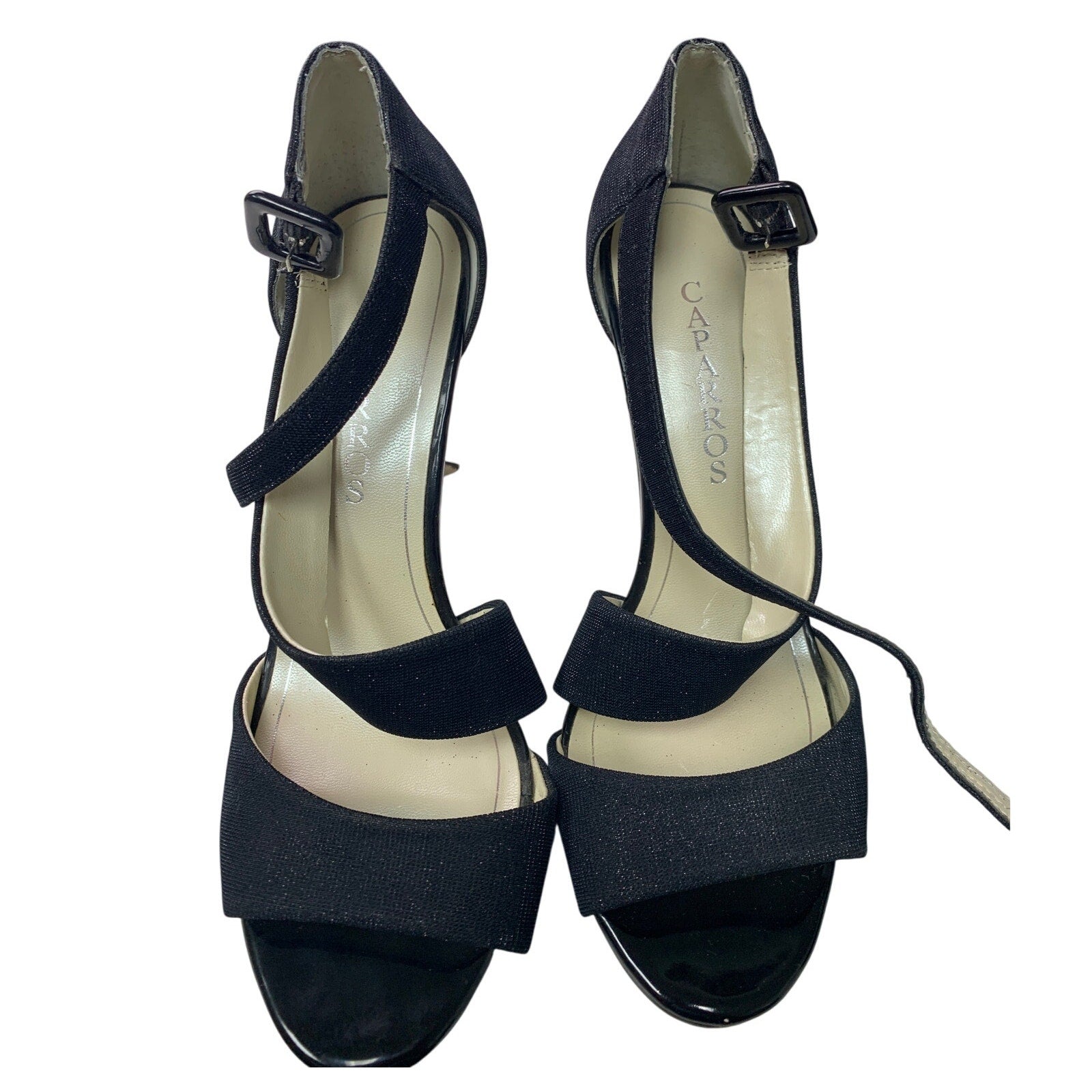 Caparros Womens 8.5 Metallic Black 4.5" Heels Open Toe Leather Ankle Strap Shoes