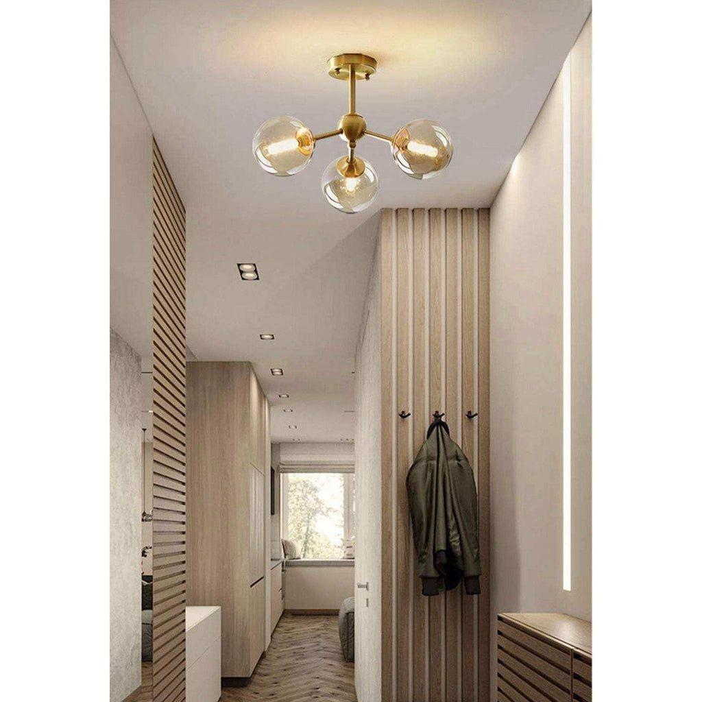 KCO Lighting Glass Globe Sputnik Chandelier 3-Light Brass Gold Close to Ceiling Light Mid Century Flush Mount Ceiling Light for Kitchen Island Bedroom Bathroom (3-Lights)