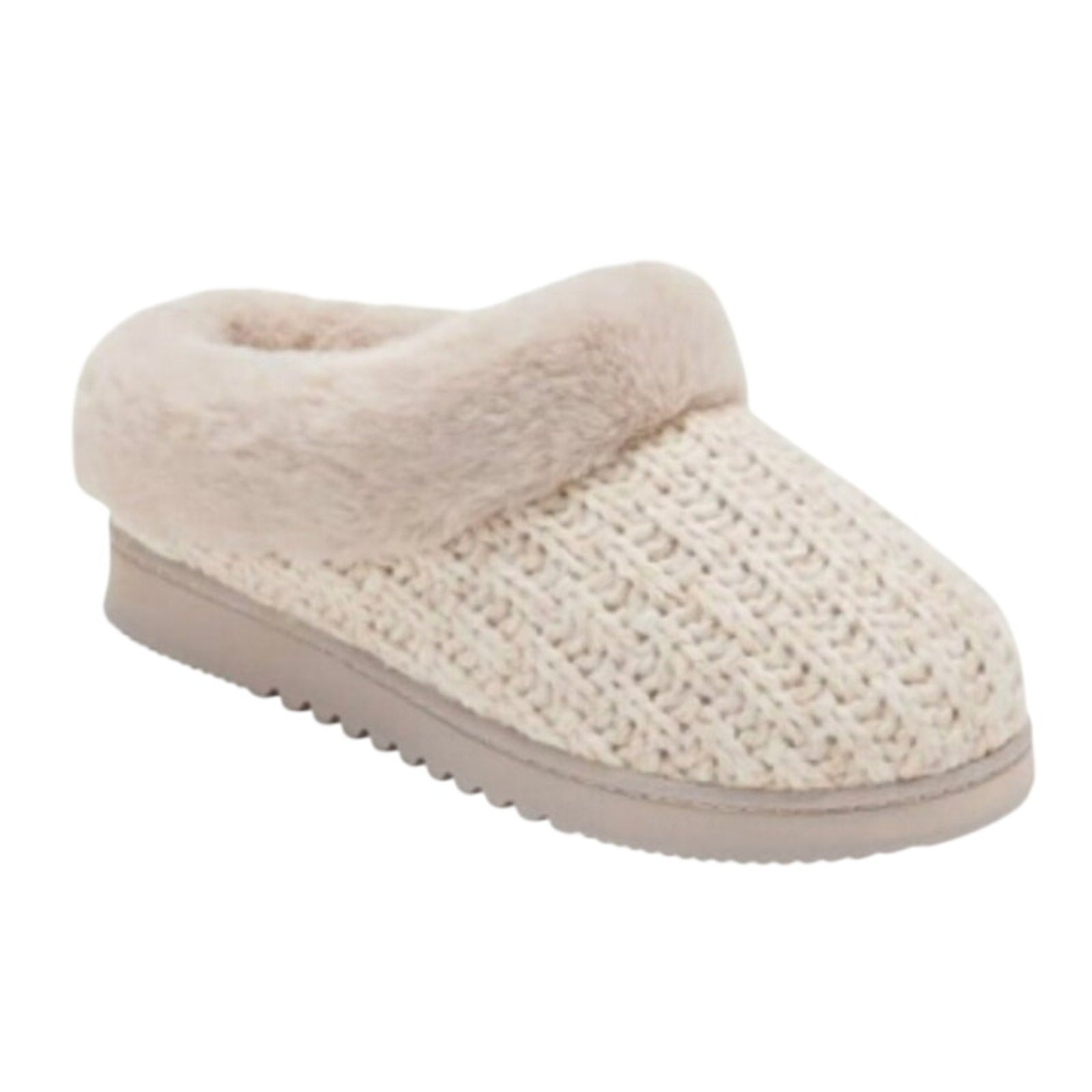 New In Box Dearfoams Women Small 5/6 Tan Faux Fur Lined Knit Slide On Slippers