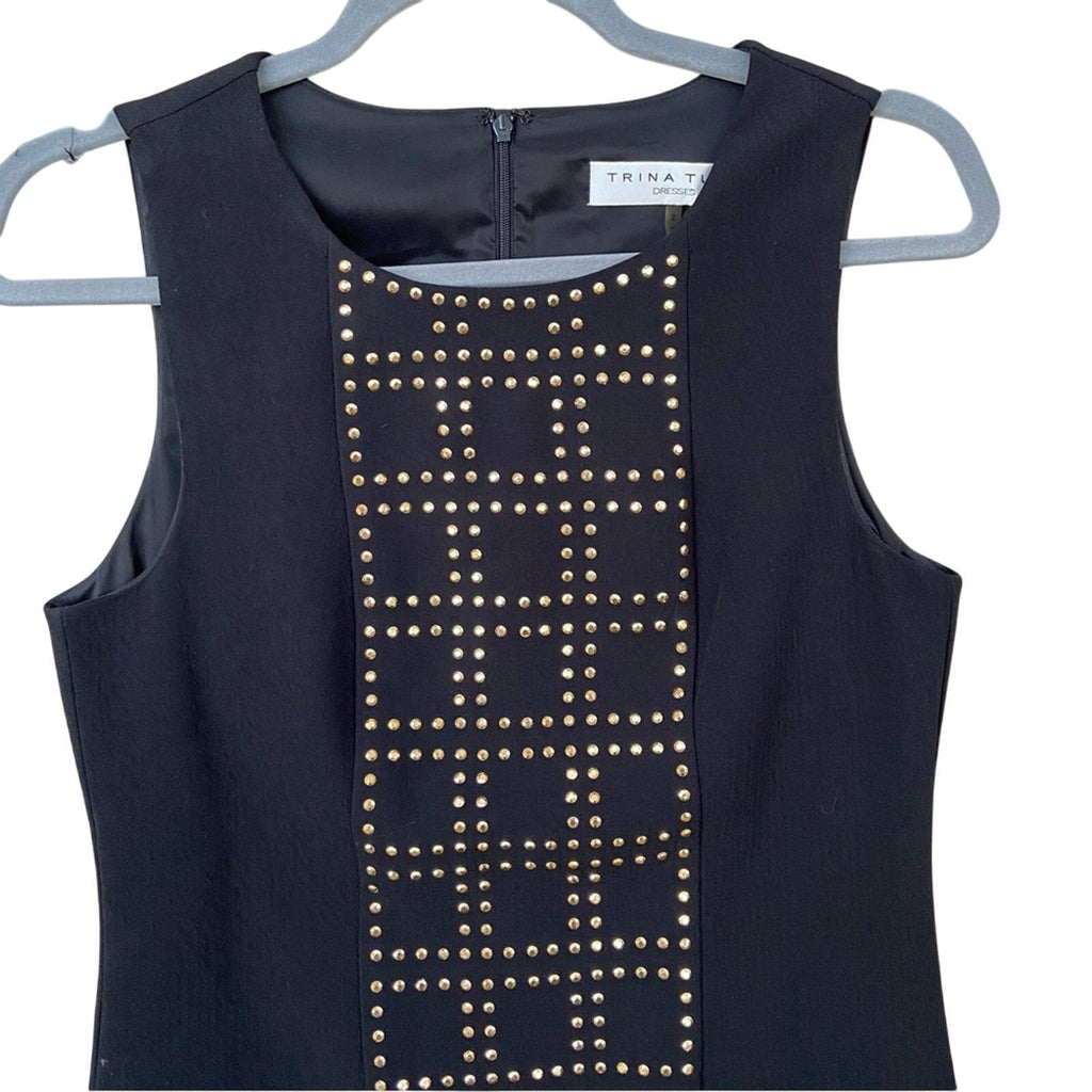 Trina Turk Womens Size 2 Black Shift Midi Gold Stud Sleeveless Sheath Dress