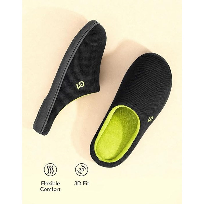 New VeraCosy Men 9/10 Black Lime Slide On Memory Foam Rubber Sole House Slippers