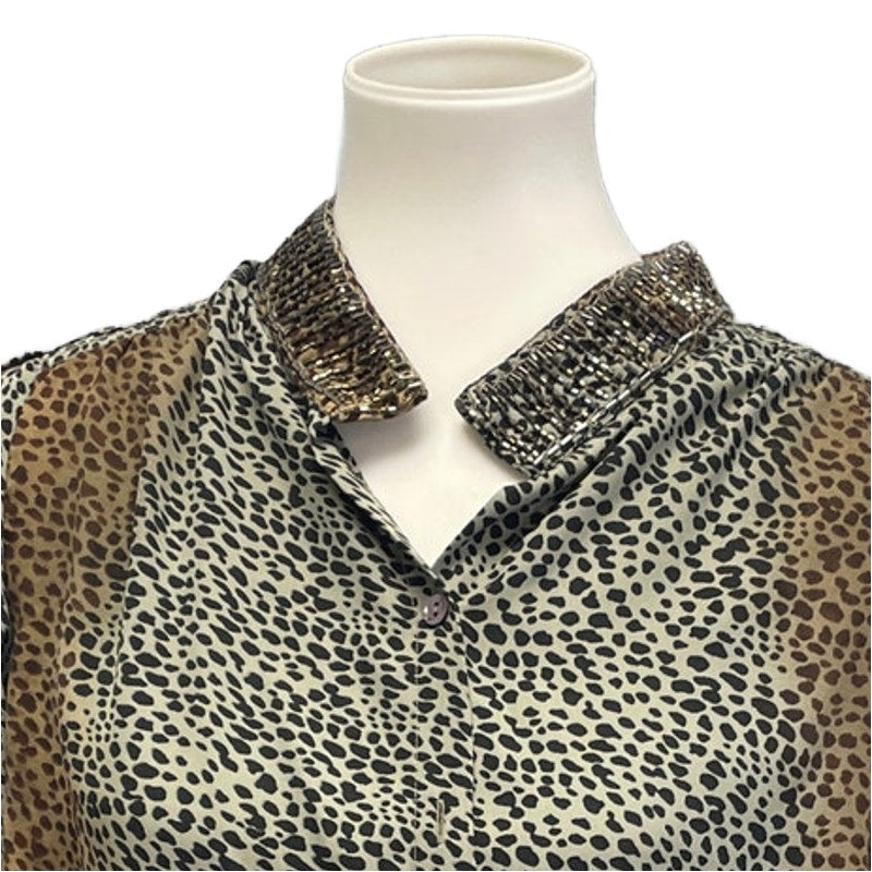 FYLO Womens Medium Cheetah Print Long Sleeve Beaded Collar Button Up Top