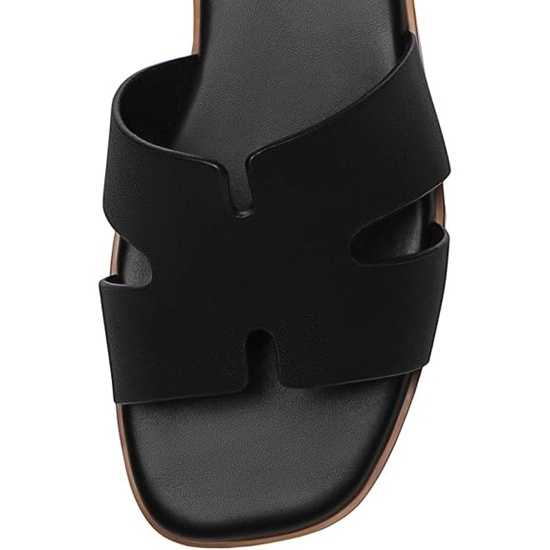 Rihero Womens Size 7 Black Sandals Flats Slip On Square Open Toe Slides Shoes