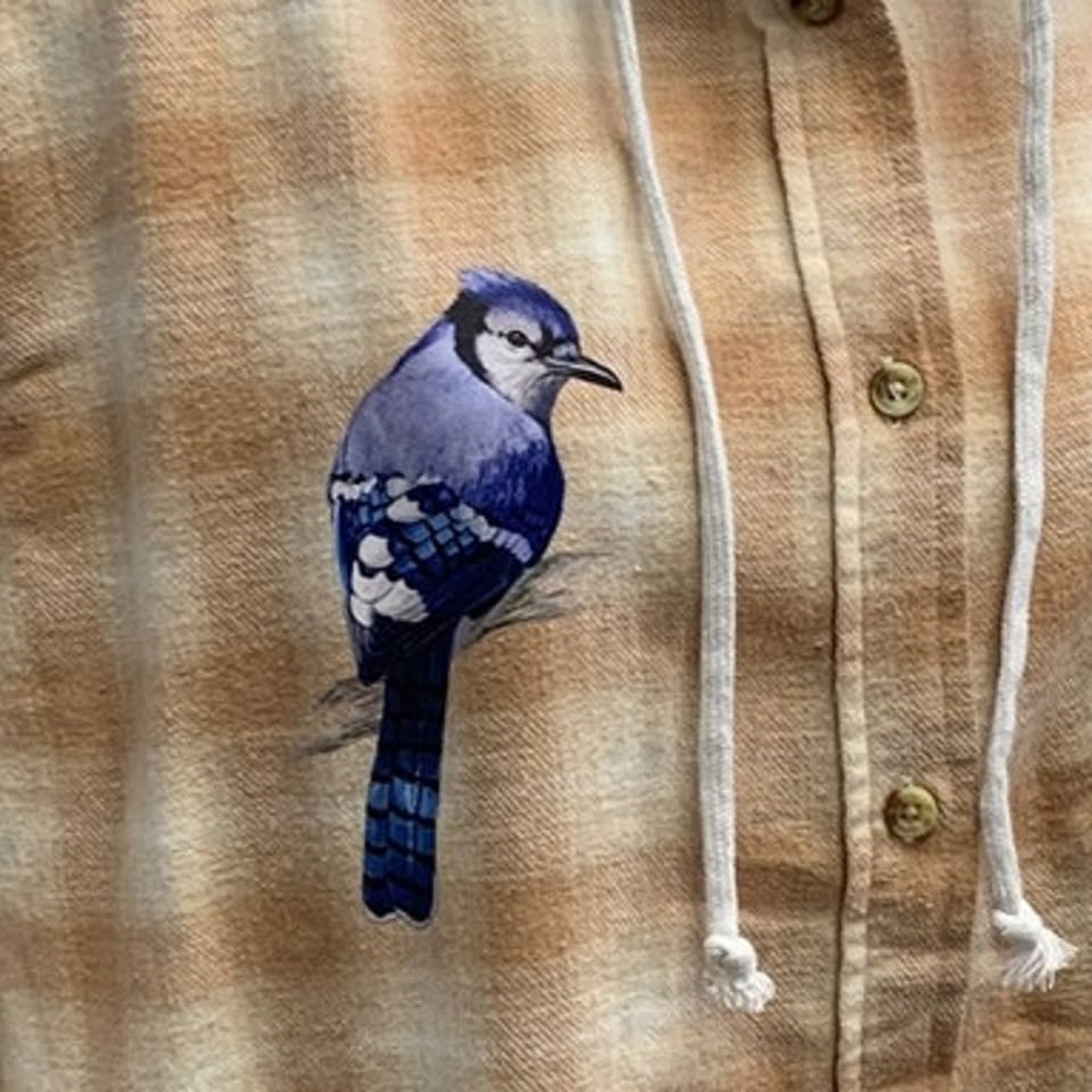 New Hand Printed Womens Medium Blue Jay Bird Plaid Flannel Long Sleeve Hoodie