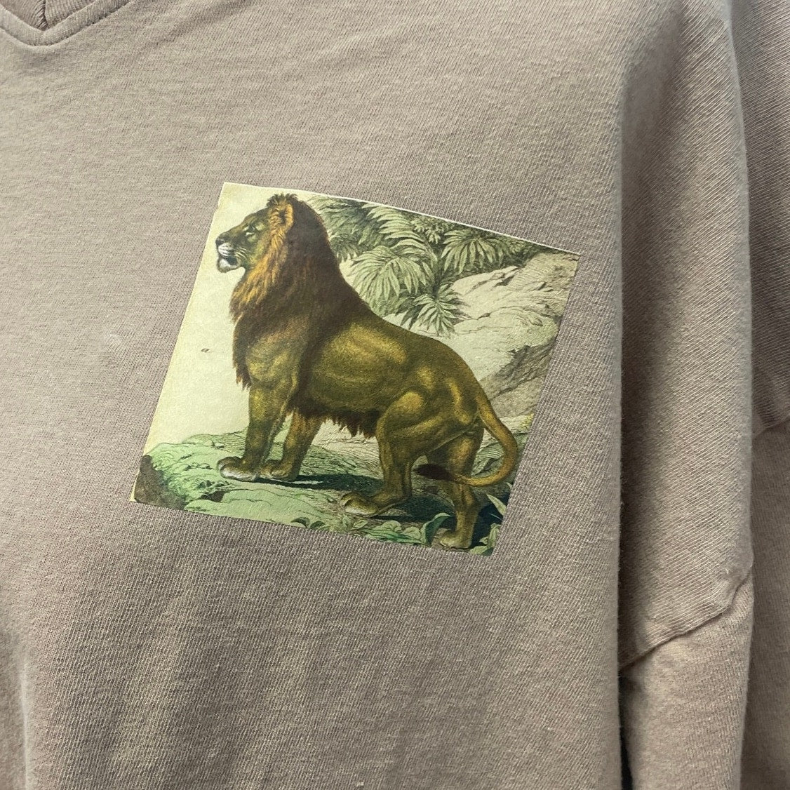 Hand Printed Upcycled Mens XL Wild Lion Cotton Blend Short Sleeve V-Neck Tee