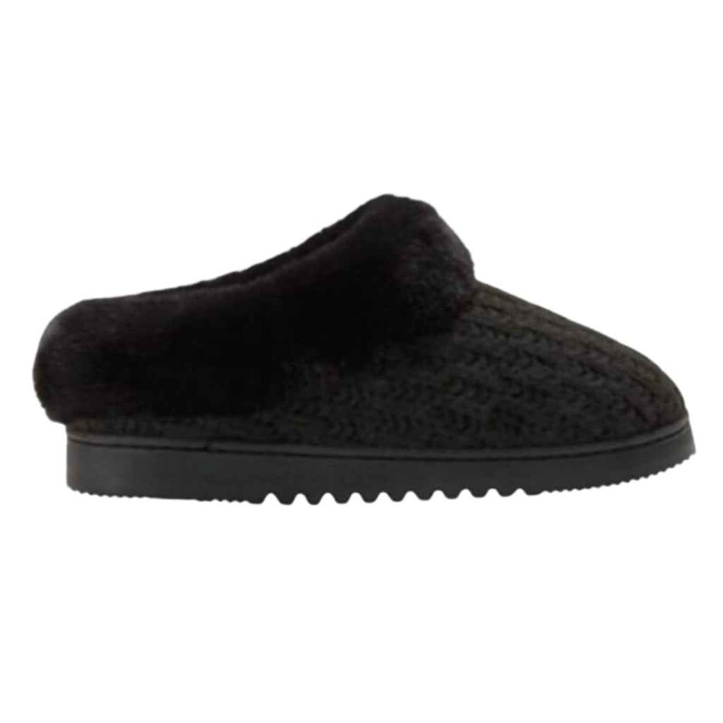 Dearfoams Womens Large 9/10 Black Faux Fur Lined Knit Slide On Slippers w Box