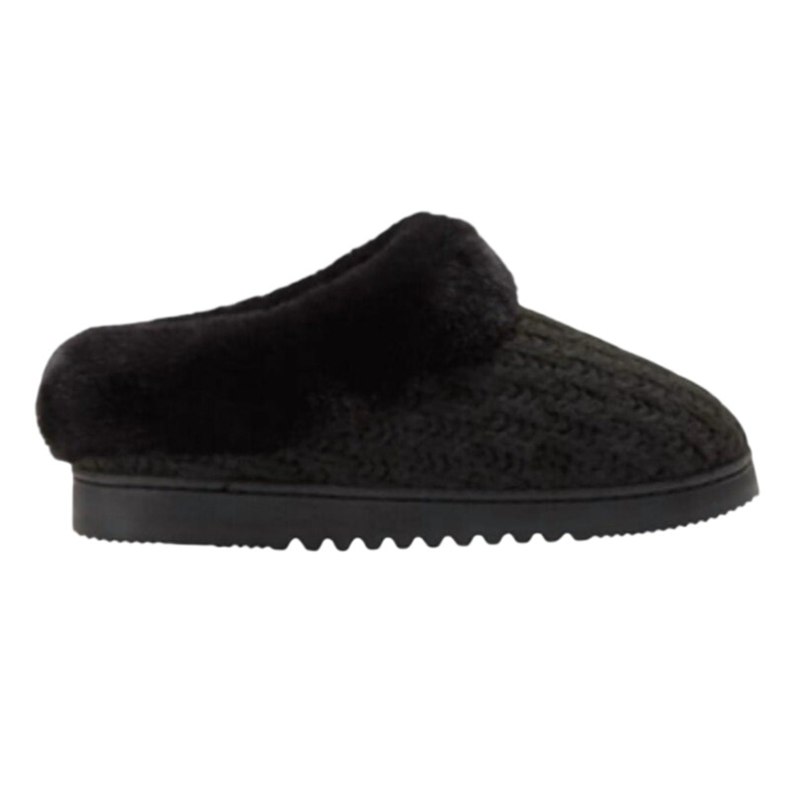 Dearfoams Womens Large 9/10 Black Faux Fur Lined Knit Slide On Slippers w Box