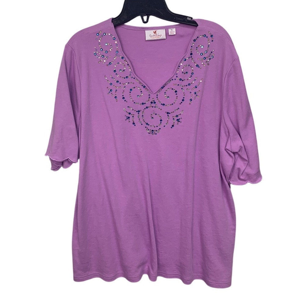 Lot of 3 Womens XL Green Purple Bling Floral Short Sleeve Summer Tops Shirts
