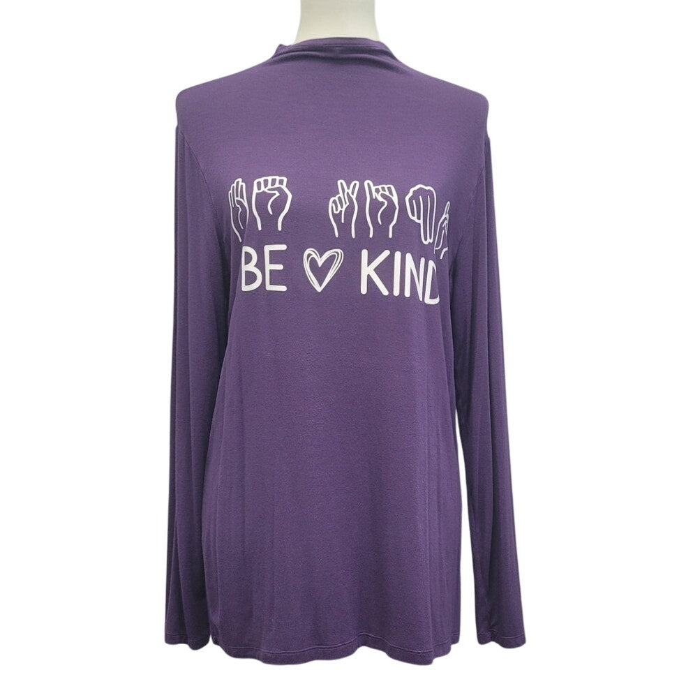 Hand Printed Upcycled Womens XL Be Kind ASL Sign Language Long Mock Neck Top